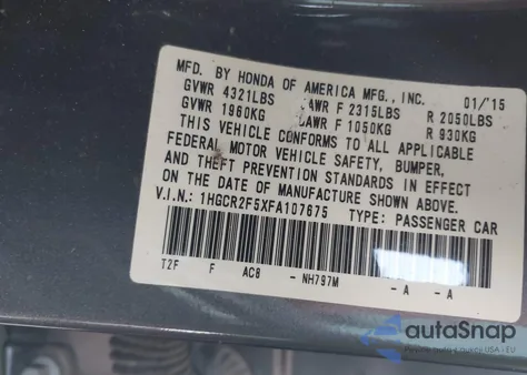 2015 Honda Accord Sport z USA, uszkodzony, nr VIN 1HGCR2F5XFA107675